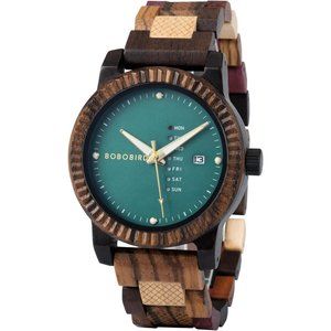 Wooden Watch Analog Quartz with Week Display Wood Wrist Watch for -Green